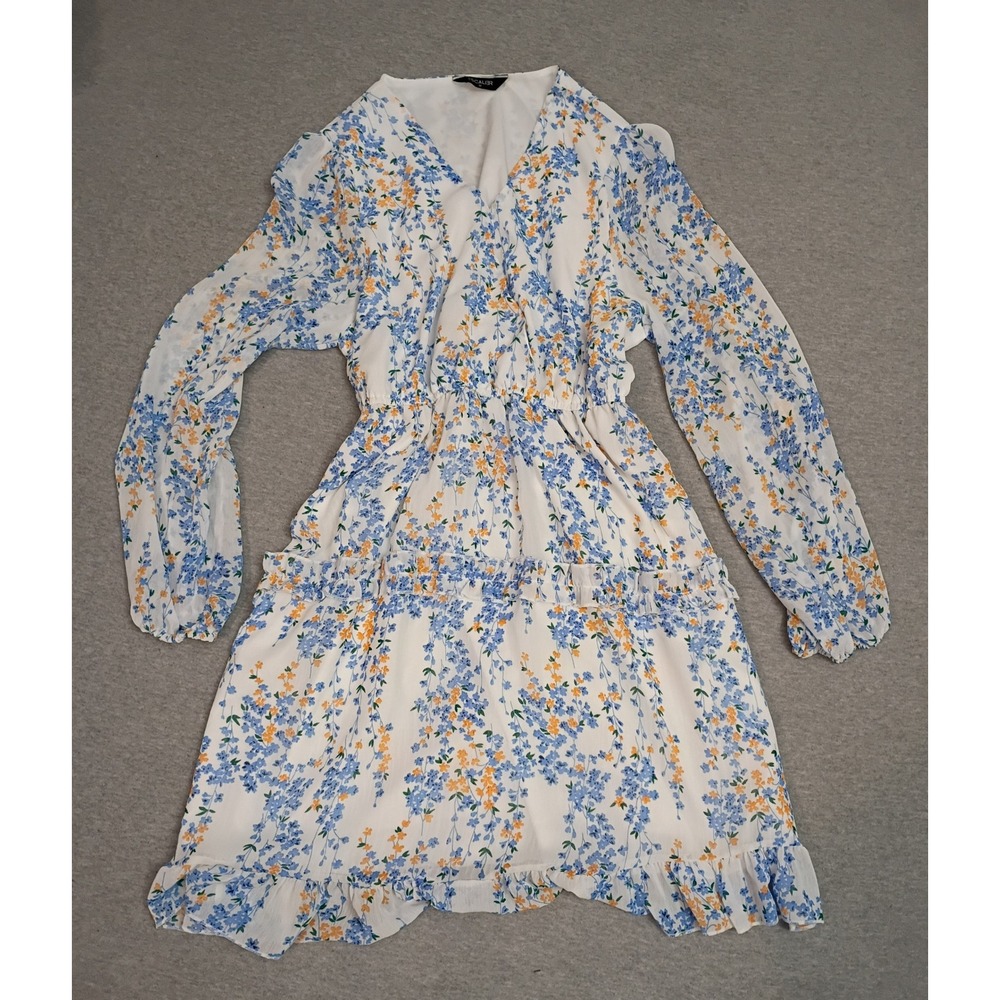 Escalier Blue Floral Long Sleeve Ruffle Mini Dress Cottagecore V-Neck Medium